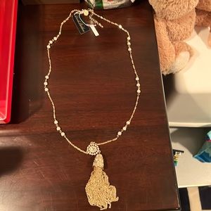 Brooks Brothers chest-length necklace with gold, crystal, and pearl detailing